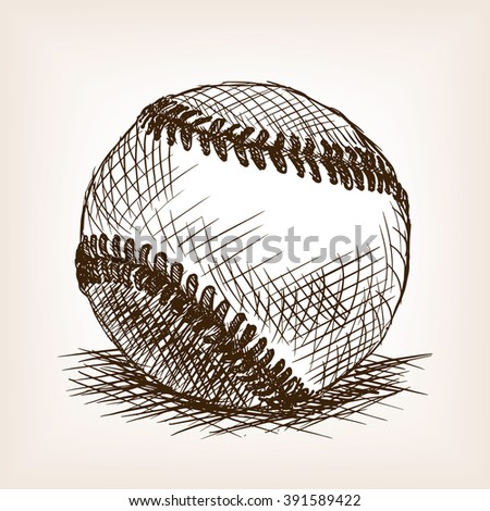 Baseball ball sketch style raster illustration. Old engraving imitation. American baseball ball hand drawn sketch imitation