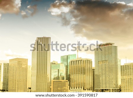 Miami buildings and skyline at dusk.