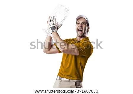 Golf Player in a orange shirt celebrating with a glass trophy in his hands, on a white Background.