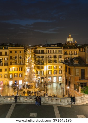 Rome City, the capital of Italy in a summer night with a colorful panoramic sunset aerial view toward the city shopping street, Barcaccia Fountain from Spanish steps under dramatic sky crescent moon