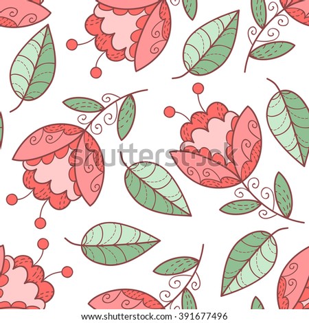 Abstract vector seamless pattern with flowers, leaves and swirls.