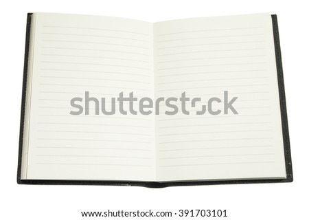 Closeup of open blank diary isolated on white background