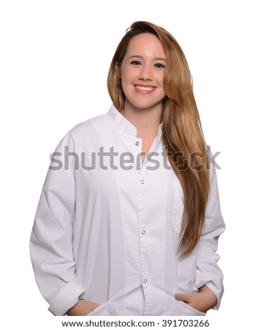 Full portrait of clinical caucasian blonde girl smiling