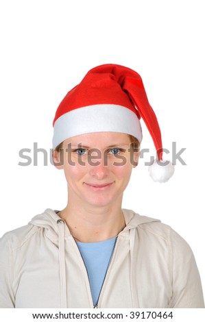 Young woman in santa's hat  isolated on white background