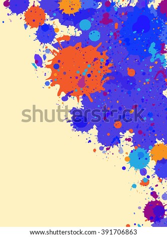 Dark blue with orange drops watercolor artistic splashes frame with room for text, vertical format.