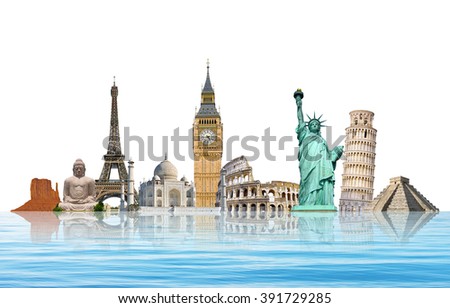 Famous monuments of the world grouped together on white background