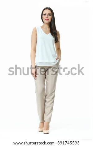 asian eastern brown hair business executive woman with straight hair style in coffee cream summer sleeveless blouse and trousers  high heel shoes going full body length isolated on white