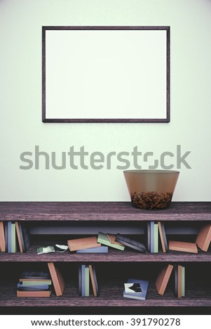 Blank picture frame hanging on a light concrete wall above dark wooden bookshelf with vase. Mock up, 3D Render