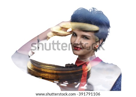 Double exposure isolated image of business woman with a bright make-up with short black hair on the photo of  money (coins, dollars) and bank card.