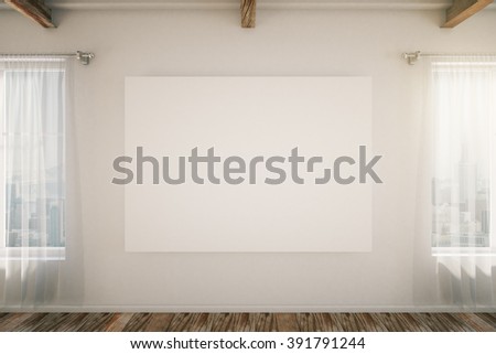 Blank frame in the middle of white loft interior room with brown wooden floor, windows and curtains. Mock up, 3D Render