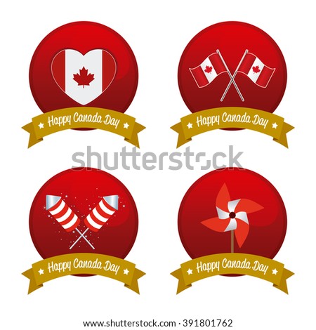 Set of banners with ribbons with text and different icons for canada day celebrations