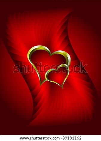 A vector valentines background with gold hearts on a deep red backdrop with room for text