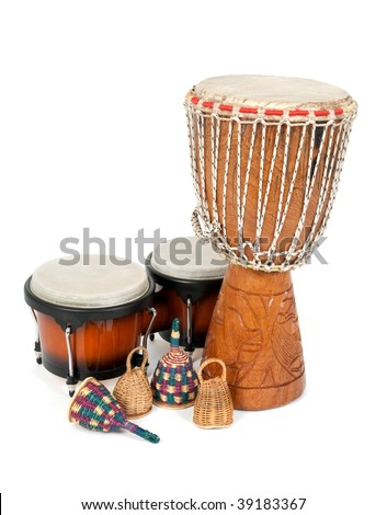 Percussion music instruments: djembe drum, bongos and caxixi shakers.