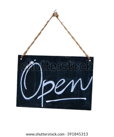 Isolated Rustic Hanging Blackboard Open Sign On A White Background