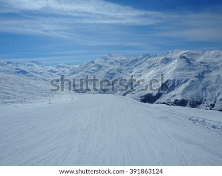 Courchevel, France - March 16, 2016: a view of mountains covered by snow. 
