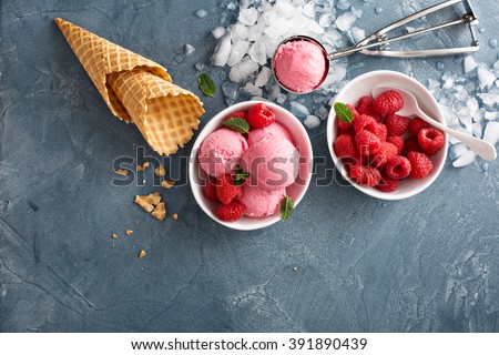 Raspberry ice cream in white bowl overhead shot