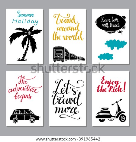 Travel card set. Design elements isolated. Palm tree, train, blimp, car, bike. Calligraphic text