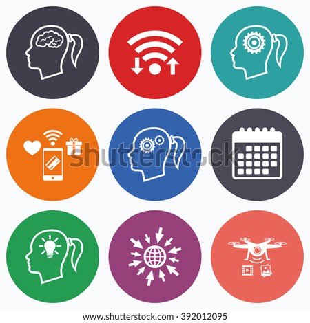 Wifi, mobile payments and drones icons. Head with brain and idea lamp bulb icons. Female woman think symbols. Cogwheel gears signs. Calendar symbol.
