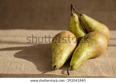 fruit pears under hard sunlight on burlap with shadows and strip light