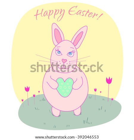 Cute bunny vector greeting card. Pink rabbit with hart. Happy Easter greeting card. 