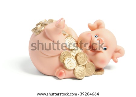 Piggybank with Coins on White Background