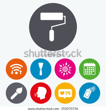 Wifi, like counter and calendar icons. Paint roller, brush icons. Spray can and Spatula signs. Wall repair tool and painting symbol. Human talk, go to web.