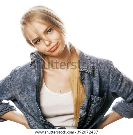 young blond woman on white backgroung gesture thumbs up, isolated emotional posing close up