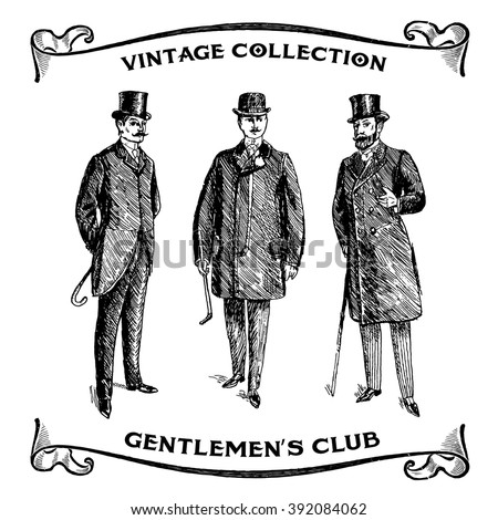 Vintage Hand Drawn Gentlemen Set. Male silhouettes retro1900s, 1920s. Men's clothing. Retro Illustration in ancient engraving style