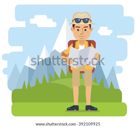 Illustration of a tourist reading a map. Traveler, hiker isolated on mountain landscape. Flat style vector illustration
