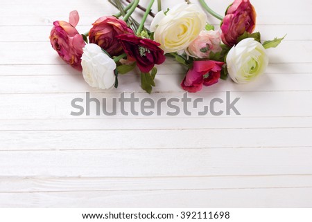 Border from  white and pink flowers  on white wooden background. Selective focus. Place for text. 
