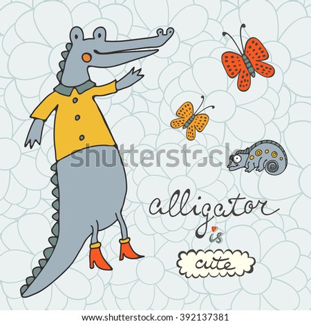 Cute alligator character with butterflies and iguana