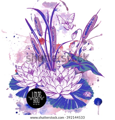Abstract pond watery flowers vector greeting card, Purple botanical shabby chic illustration reeds, butterfly, lily, ladybird wildflowers leaves and twigs Floral design elements.