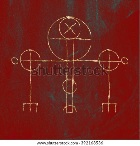 Galdrastafir. Magic gold runic symbol that appeared in the early Middle Ages in Iceland. Is a few, or multiple, intertwined runes, often highly stylized. Red granite background. Stock vector.