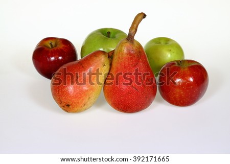 Fruit: red pears, red and green apples isolated on white