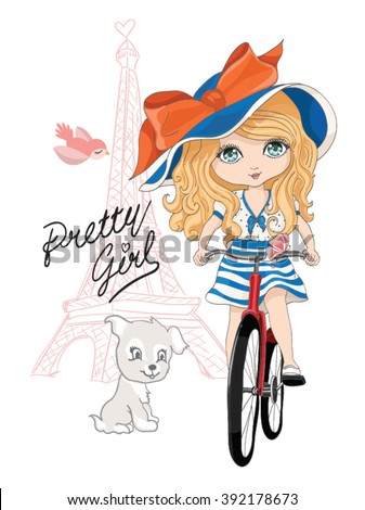 Eiffel tower and cute girl with bicycle vector illustration.