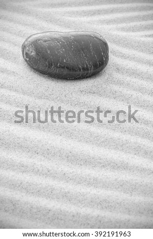 Black and white picture of a stone on sand, natural background.
