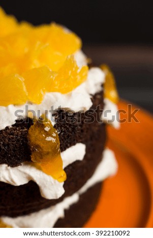 Chocolate cake with oranges on the wooden background. Selective focus.