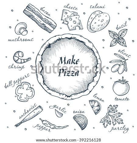 make your pizza set of pizza ingredients hand drawn icons. Vector isolated on white background.