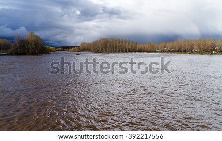 Orbigo River flooding in snowmelt. Santa Marina del Rey, Leon, Spain.