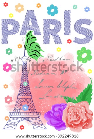 Beautiful and colorful T-shirt graphic design with "Paris" text, hand-drawn, watercolor roses, different flowers and a butterfly on a pink background - Vector and illustration