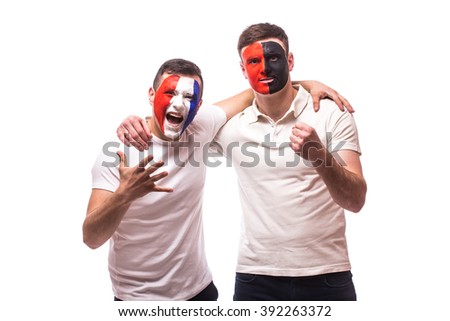 France vs Albania. Football fans of national teams friendly support before match on white background. European 2016 football fans concept.