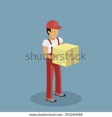 Isometric man delivery of goods isolated design. 3D courier service box, fast person parcel, express postman