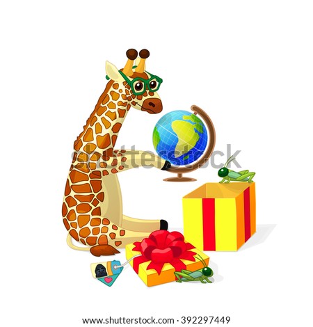 vector Cartoon illustration giraffe glasses considering gorilla gift globe. ABC letter G. Clip art isolated on white background. EPS 10 without mesh
