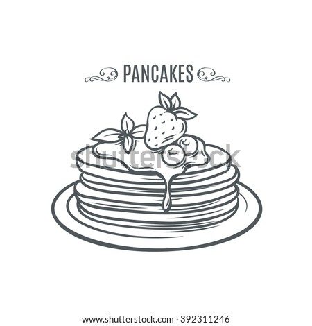 Hand drawn pancakes with strawberries and syrup. Decorative icon pancakes in an old style ink.  Vector illustration of Pancakes on a plate. Royalty-Free Stock Photo #392311246