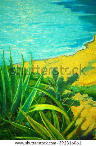 summer landscape with a sea and bank, painting by oil, illustration