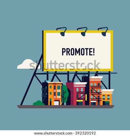 Cool vector flat giant advertisement billboard over small town. Large promotional banner with city street townhouses. Website banner template with urban landscape. City ad background for your business Royalty-Free Stock Photo #392320192