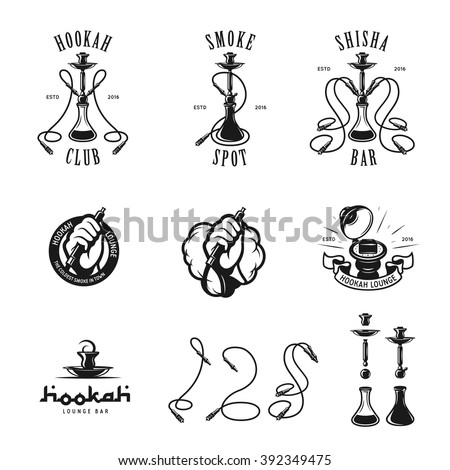 Set of hookah labels, badges and design elements. Hookah club. Shisha bar. Hookah lounge logo. Hookah pipes isolated on white. Hand holding hookah pipe. Vector vintage illustration. 
