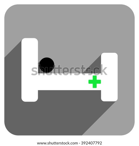 Hospital Bed long shadow vector icon. Style is a flat hospital bed iconic symbol on a gray square background.