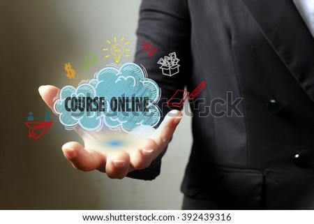 COURSE ONLINE concept with icons on hand , business concept 