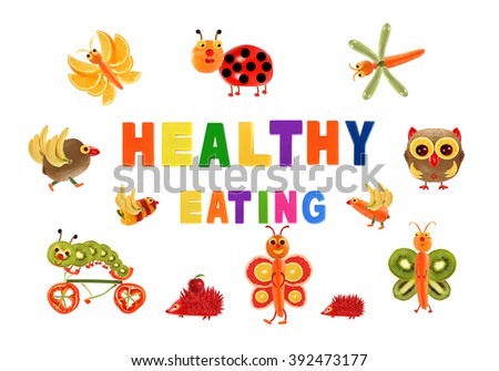 Healthy eating. Little funny vegetables around the word HEALTHY EATING